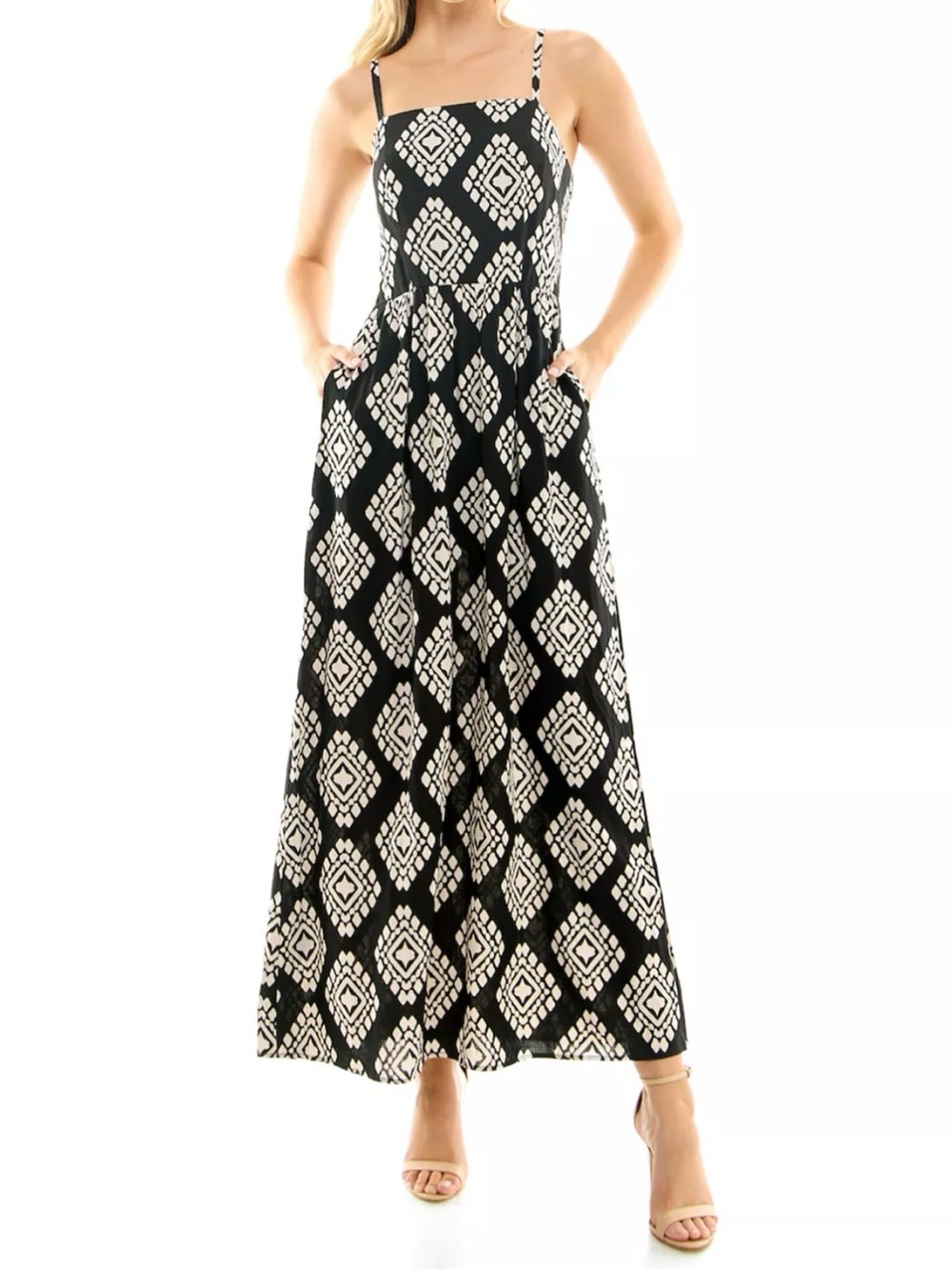 lily rose Black & White square neck Geometric Maxi Dress - Strappy Summer Dress